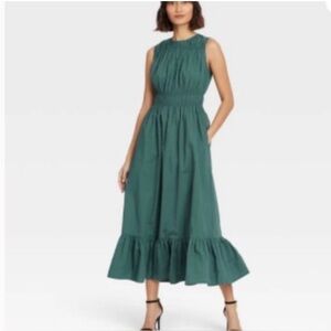 A New Day Cotton Sleeveless Smocked Waist Teal Maxi Dress with Ruffle Hem XL